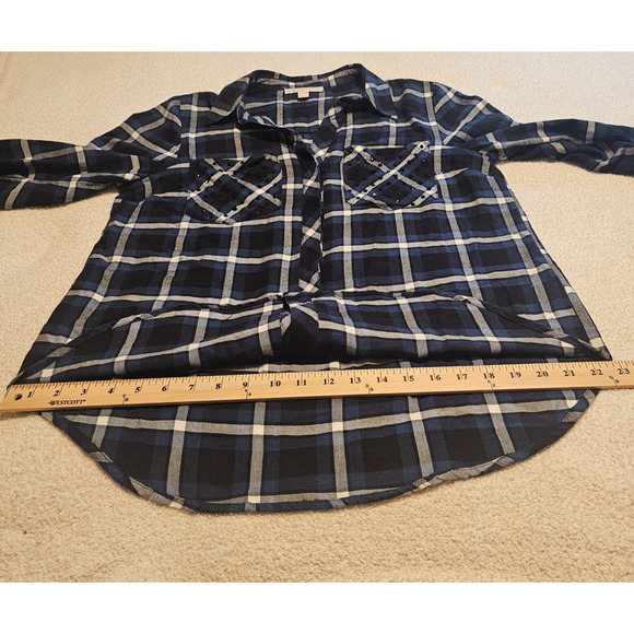 Michael Michael Kors Plaid Button Front Shirt Studded Pockets Blue Black Large - Picture 8 of 10